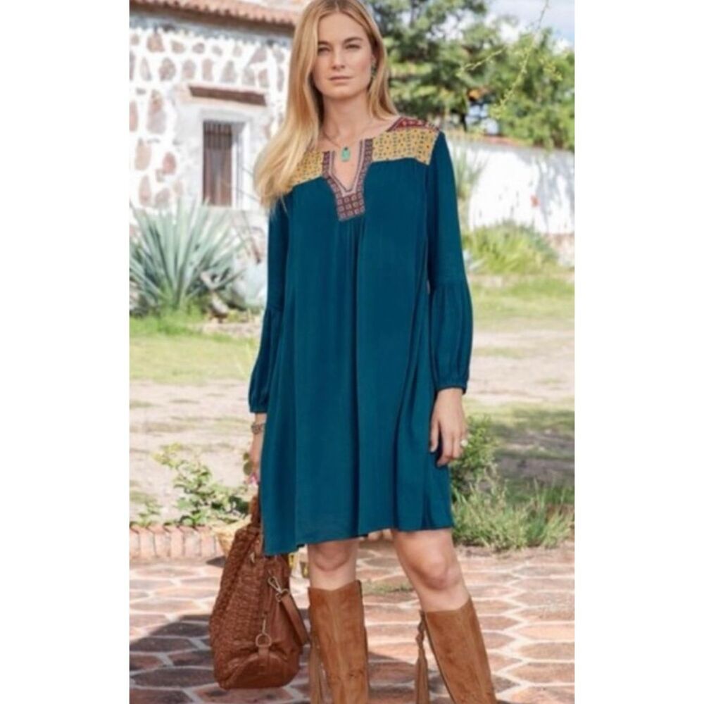 Sundance Teal Embroidered Suelta Boho Lined Dress w/Pockets Size XL